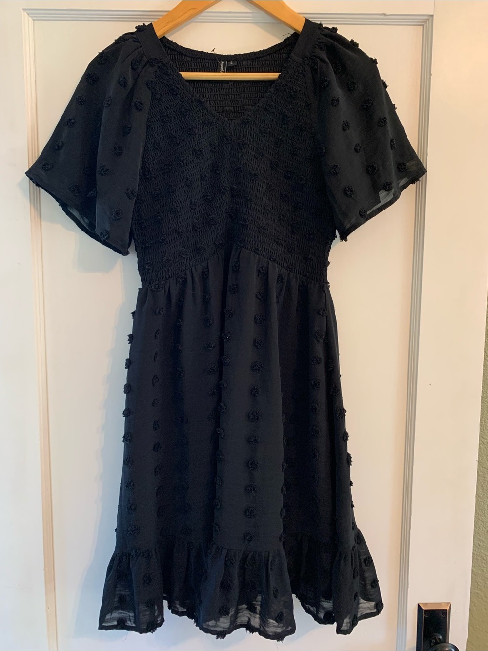 Black Textured Flutter-Sleeve Mini Dress